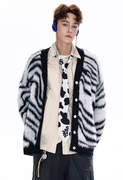 Faux Mink Zebra Stripe Cardigan