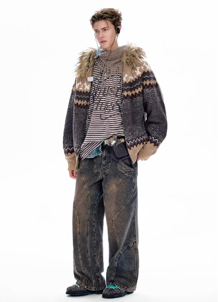 Fair Isle Detachable Hood Knit Cardigan