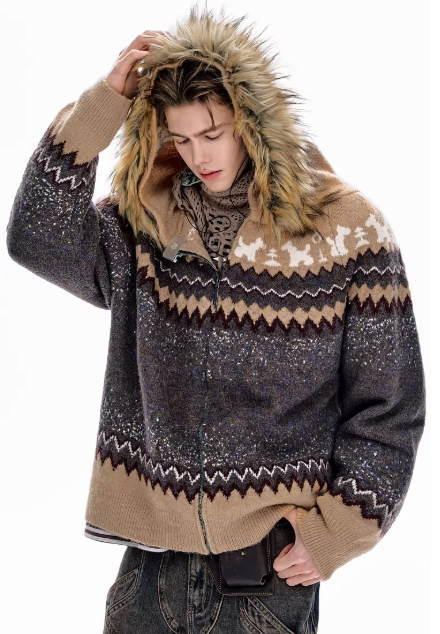 Fair Isle Detachable Hood Knit Cardigan