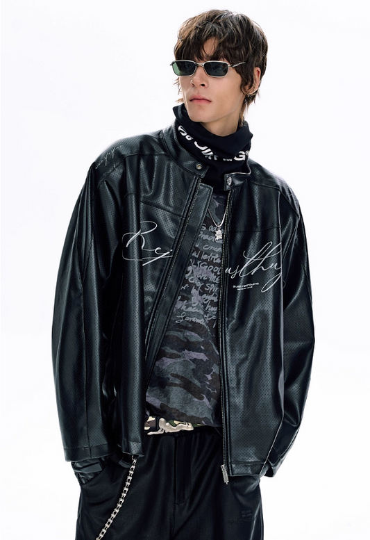 American Perforated PU Leather Stand Collar Jacket