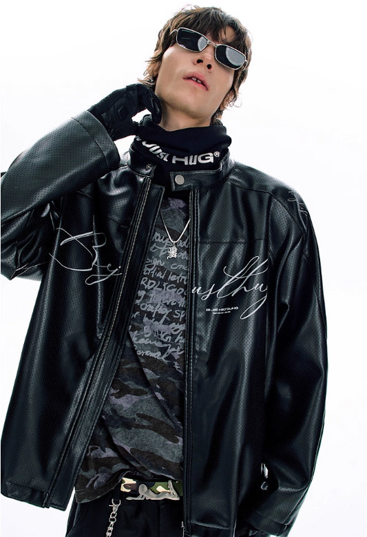 American Perforated PU Leather Stand Collar Jacket